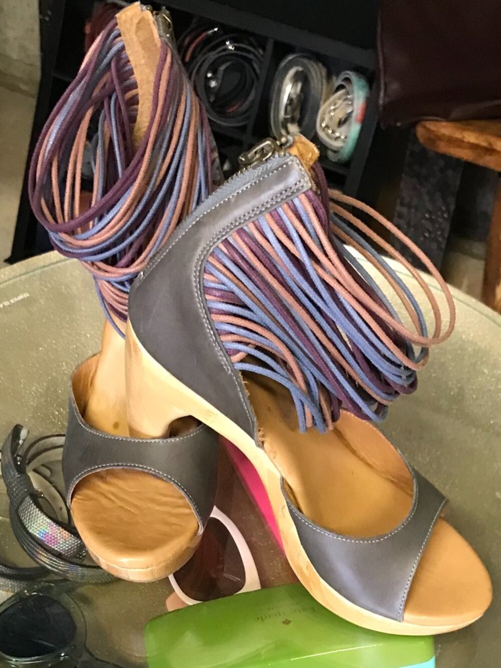 Gray and Mauve Leather and Wooden Heels